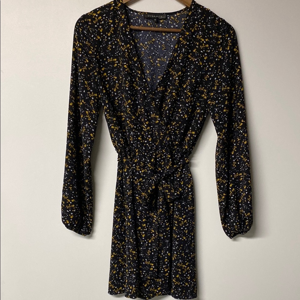 DYNAMITE Black and Yellow Floral Wrap Sundress with Bishop Sleeves